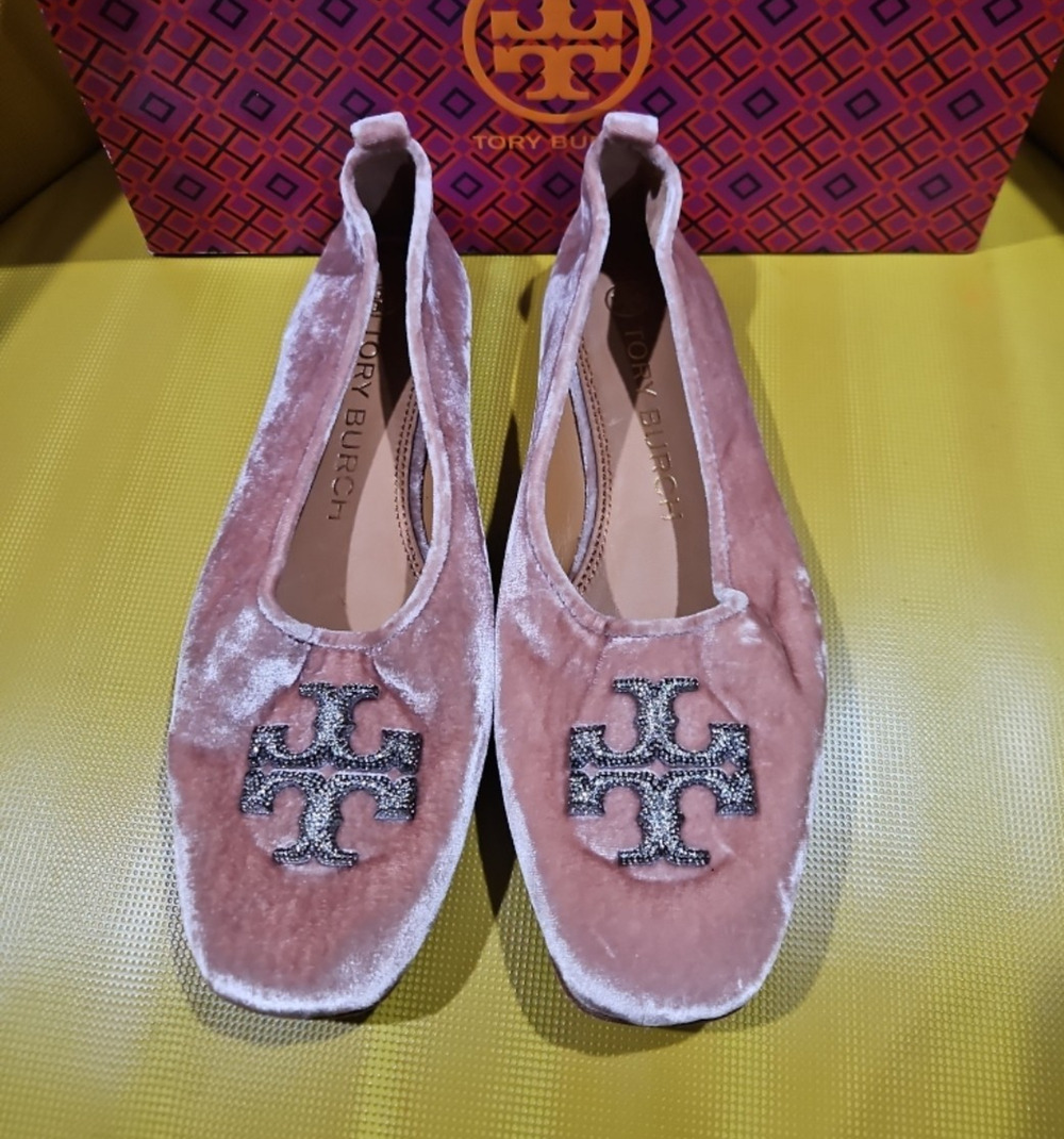 Tory Burch Pink Velvet Ballet Flats Square Toe Slip-On Logo Women’s US 8